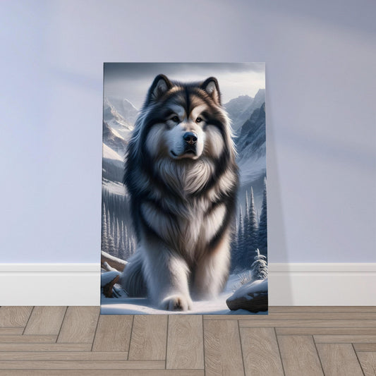Alaskan Malamute standing proudly in snowy mountains with thick fur and a strong, noble expression.
