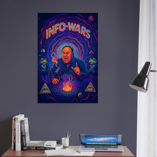 Alex Jones broadcasting amid a vortex of neon pyramids, frogs in suits, and swirling signals – conspiracy metal poster.