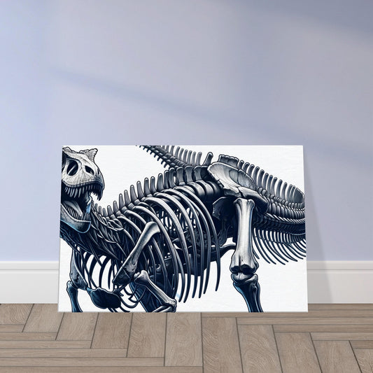 Illustration of an Allosaurus skeleton in a dynamic posture, with emphasis on its jaws, limbs, and predatory stance.