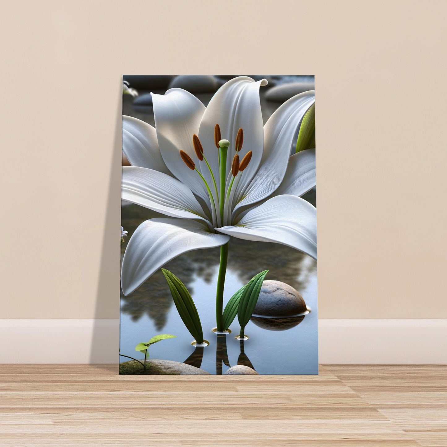 White lily flower with green leaves over river stones and water, symbolizing peace and renewal