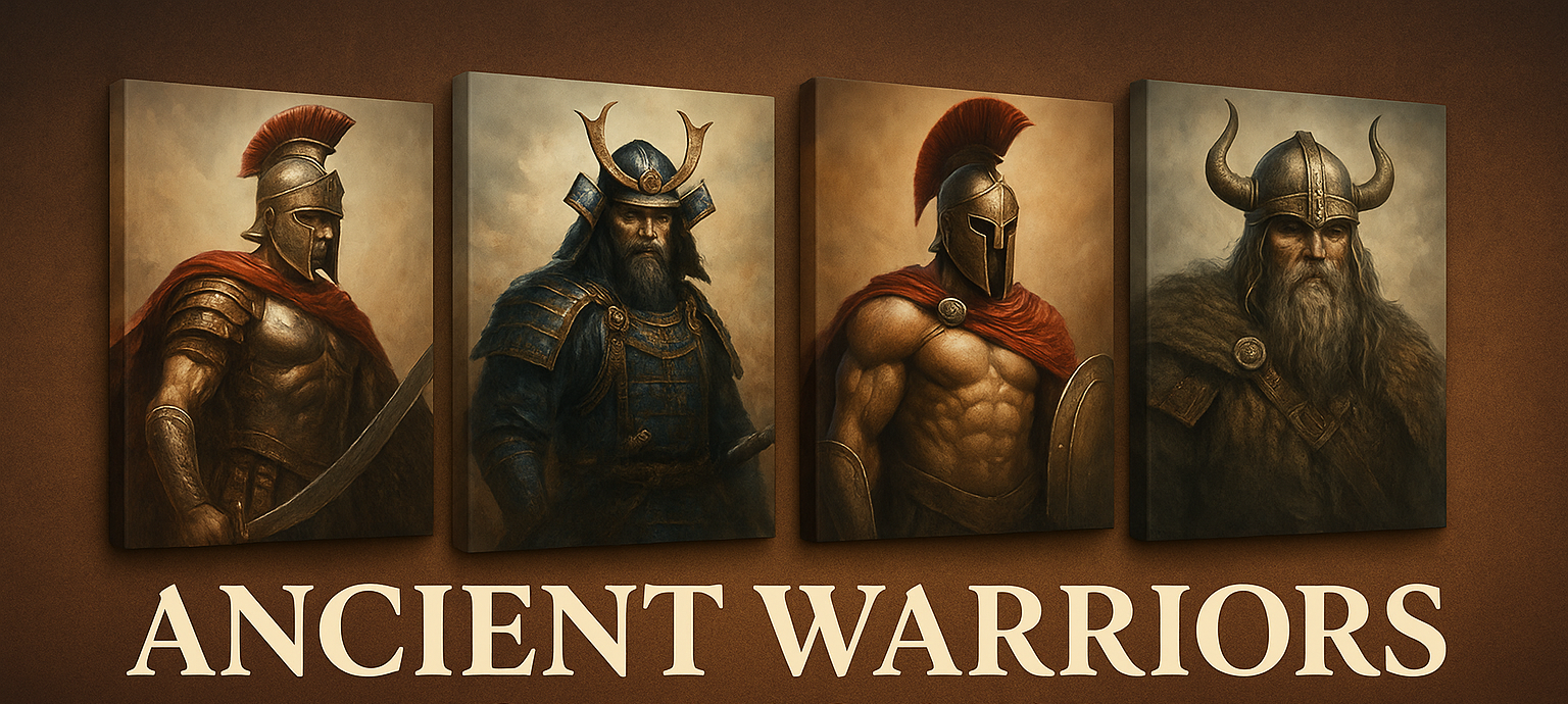 Ancient Warriors canvas art banner featuring realistic Roman, Samurai, Spartan, and Viking portraits in deep brown tones with bold discount promo text and shop button.