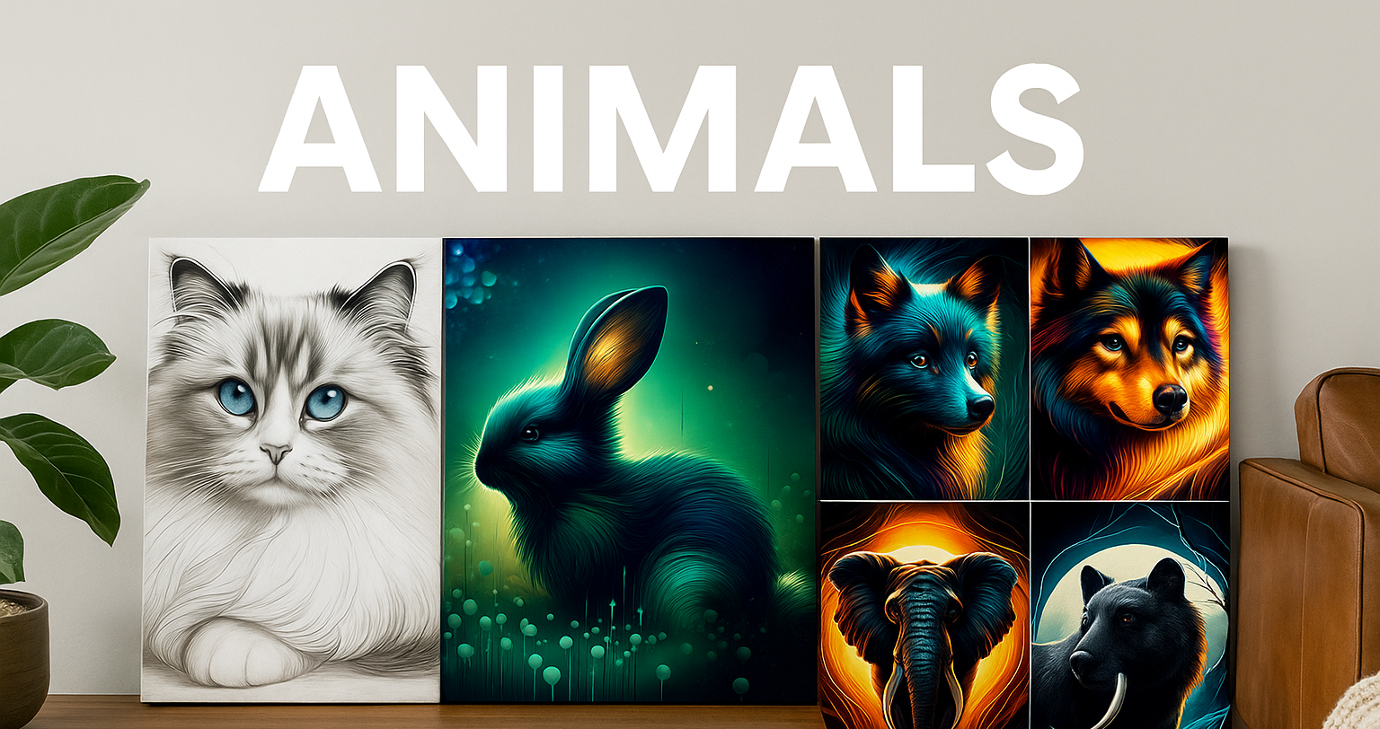 A promotional digital image showcases four animal-themed canvas artworks: a detailed grayscale sketch of a blue-eyed ragdoll cat, a neon-styled bunny in a glowing forest scene, a vibrant pop-art portrait of a Border Collie surrounded by splashes of color, and a bold collage featuring a tiger, wolf, elephant, and bear in high-contrast fire and ice tones, all set against a clean wooden floor and white wall background in 3:2 landscape orientation with "25% OFF – CODE: 25OFFCANVAS" displayed.