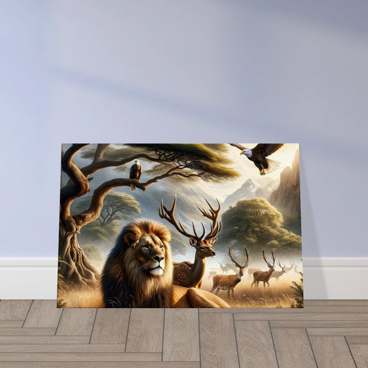 Wall art depicting a regal lion, proud stags, and soaring eagle in a sunlit wild landscape.
