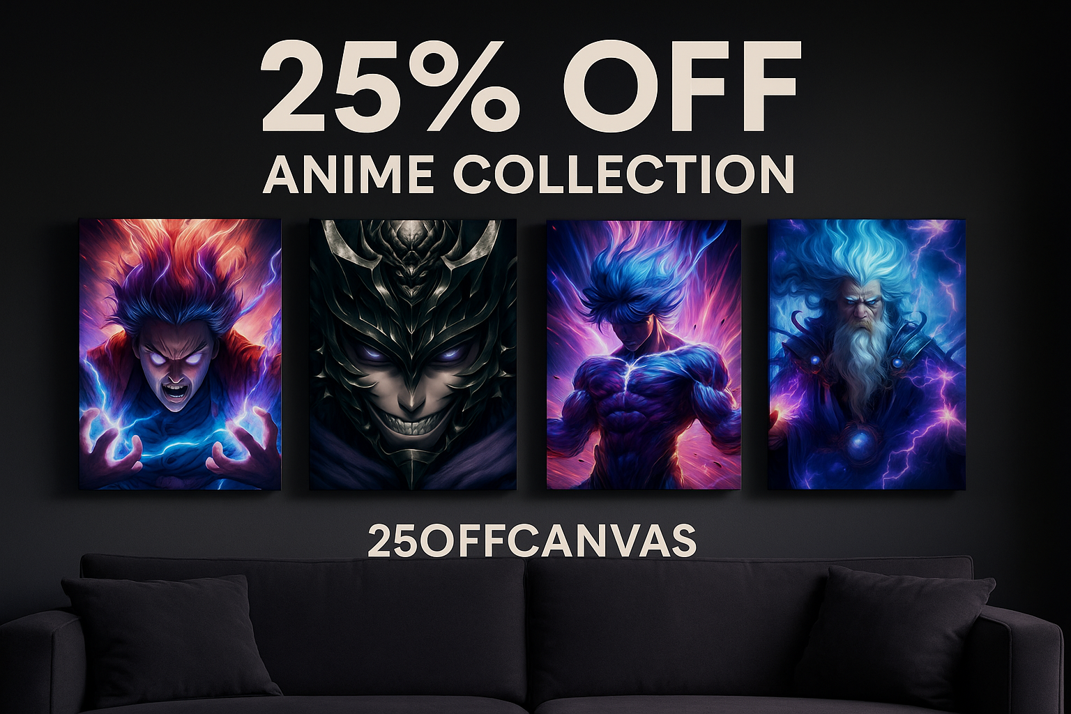 Anime-themed wall art canvases with promotional text for a 25% off anime collection on a dark background.