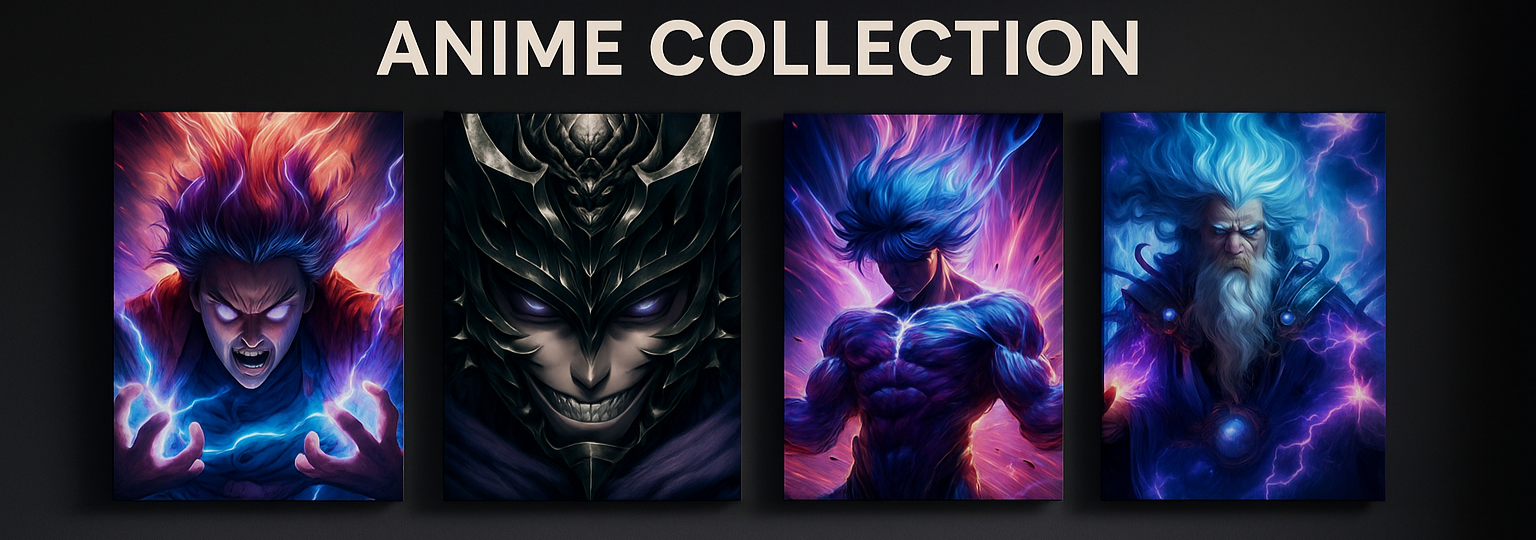 Anime-themed wall art canvases with promotional text for a 25% off anime collection on a dark background.
