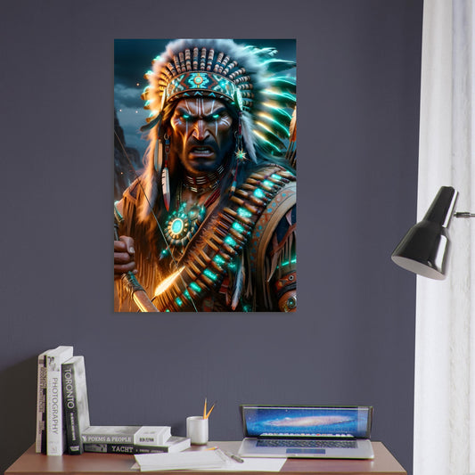 An Apache warrior in leather with feathers and glowing turquoise and yellow hues stands in a desert landscape at dusk with a bow and tomahawk.