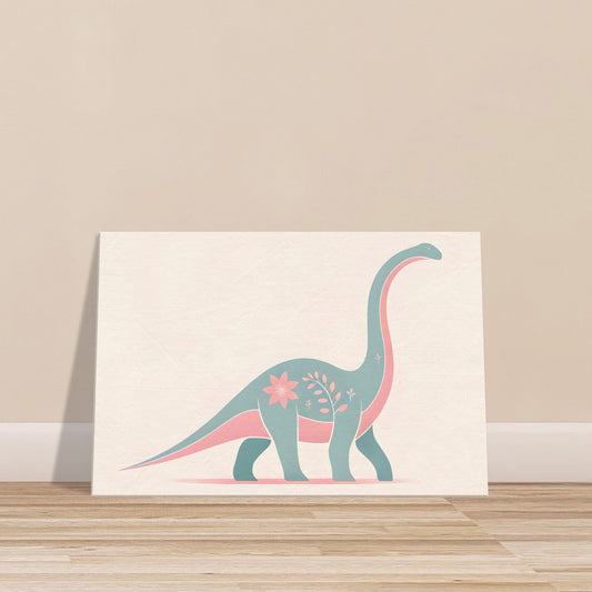 Cartoon-style Apatosaurus with simplified shapes and floral patterns in soft pink and light teal.