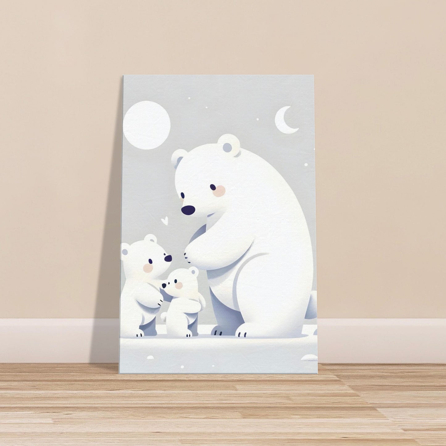 Canvas print of a loving polar bear family in a peaceful Arctic setting with soft calming colors.
