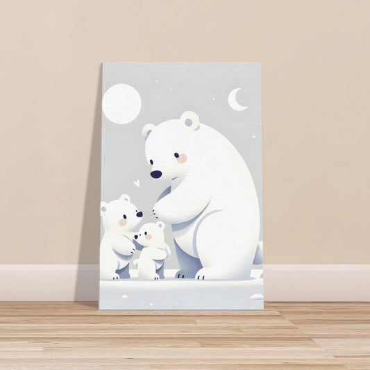 Canvas print of a loving polar bear family in a peaceful Arctic setting with soft calming colors.