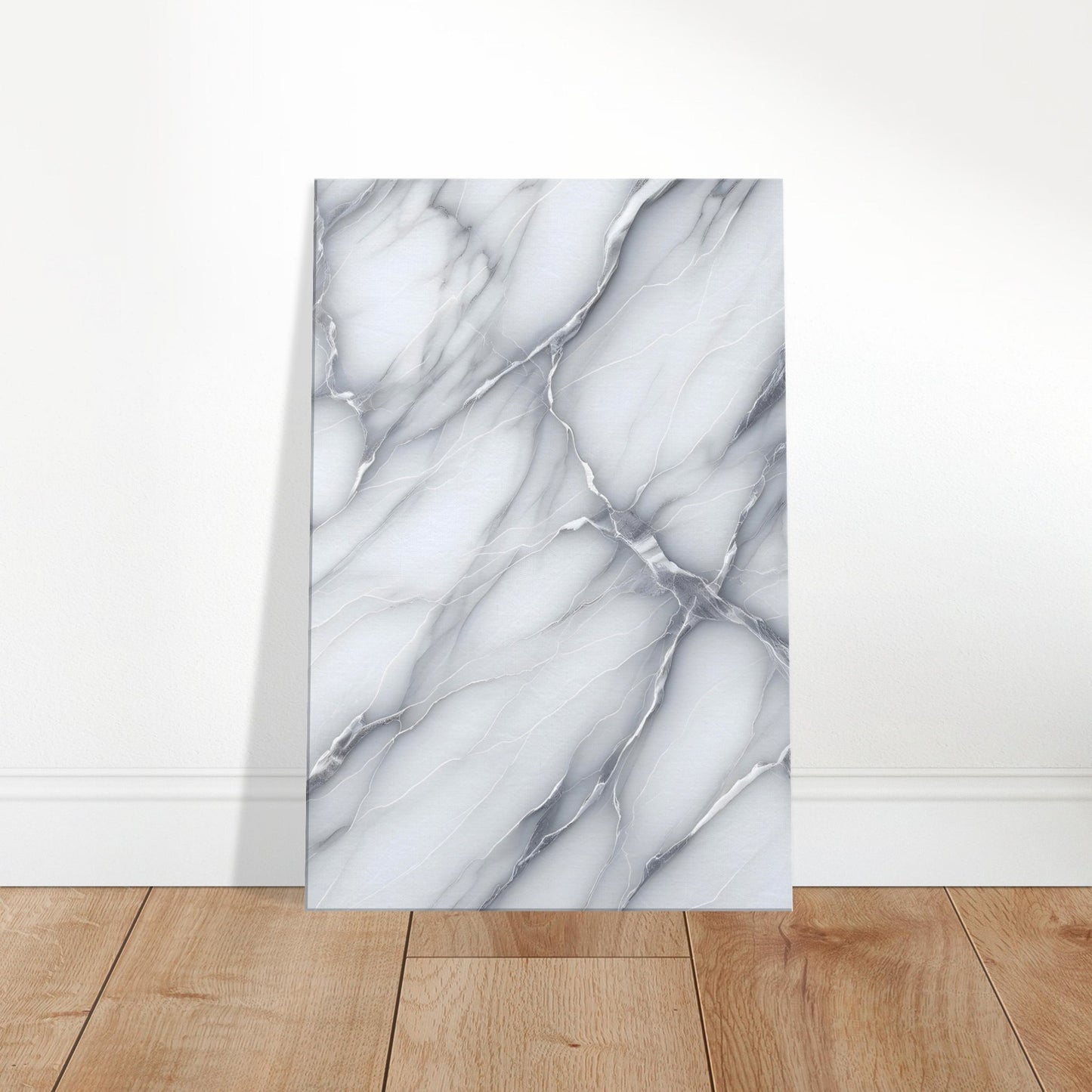 White marble wall art with silver veining and a polished finish, offering a clean and minimalist aesthetic.