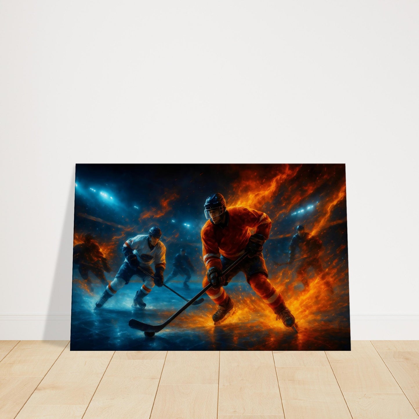 Fantasy artwork of hockey players on a rink with fiery motion trails against icy tones.