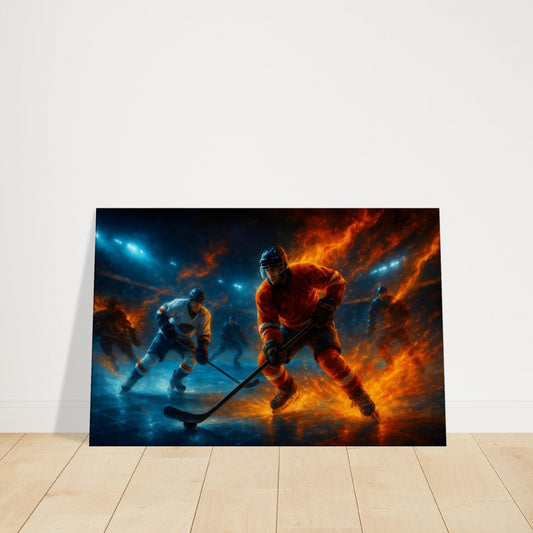 Fantasy artwork of hockey players on a rink with fiery motion trails against icy tones.