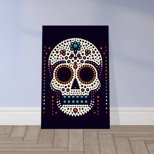 Colorful skull artwork featuring orange, purple, and turquoise dots arranged in a harmonious pattern on a dark background.