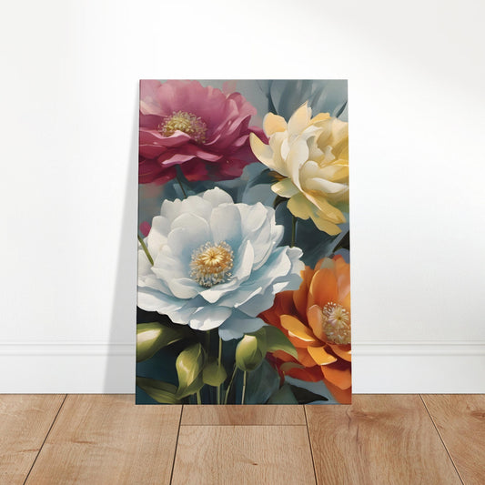 Soft-toned painting of an artistic floral arrangement with muted blooms and delicate light and shadow detailing.