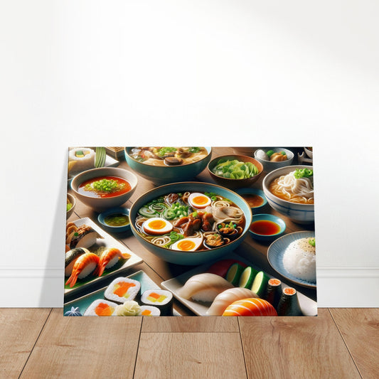 Canvas art depicting delicately rolled sushi, steaming ramen bowls with eggs, and vibrant Asian dishes.