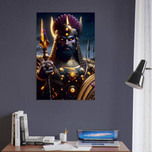 An Assyrian warrior in maroon and golden armor holds a glowing spear and shield in a dark Mesopotamian landscape at twilight.