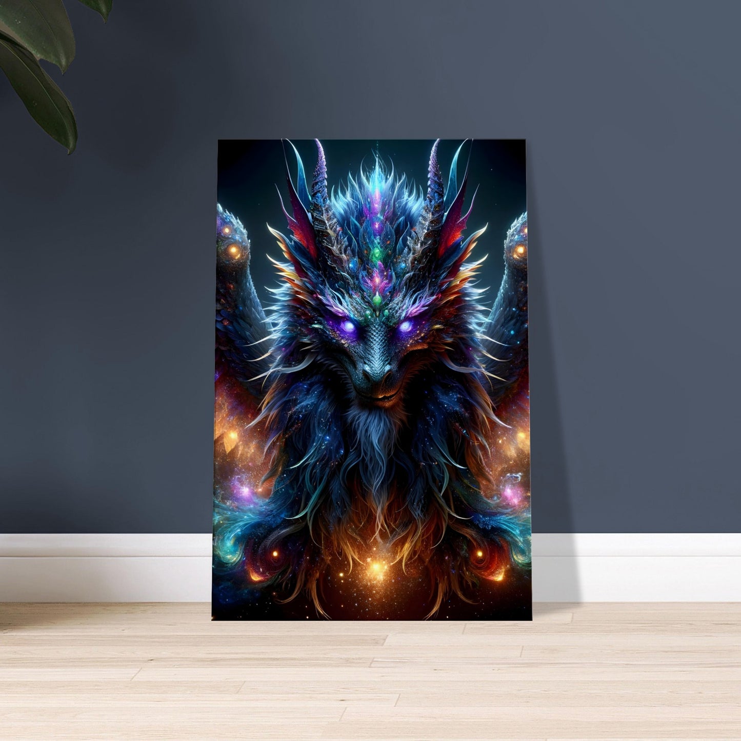Artwork of a luminous-eyed mythical creature with intricate details set against a dark, shadowy background.