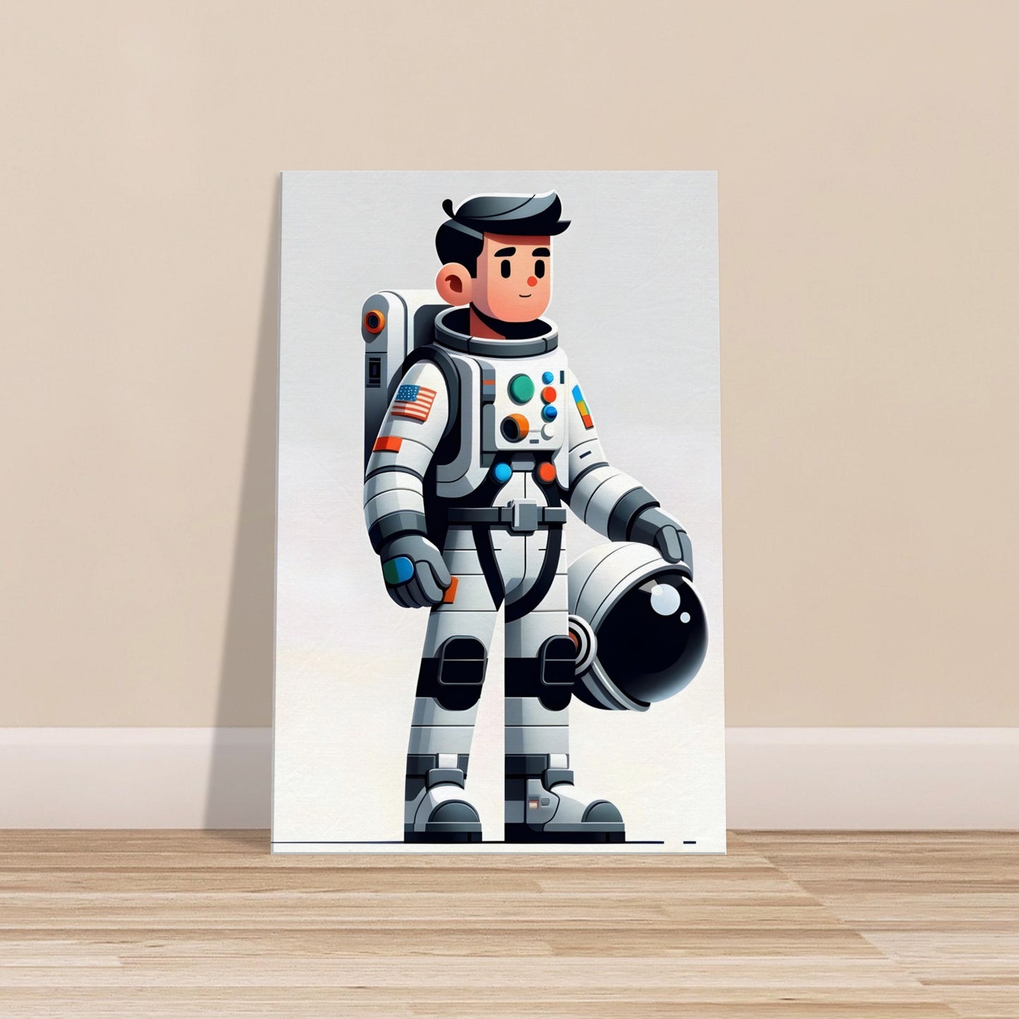 Cartoon-style astronaut Astro Alex in white and gray spacesuit holding helmet against a solid background.