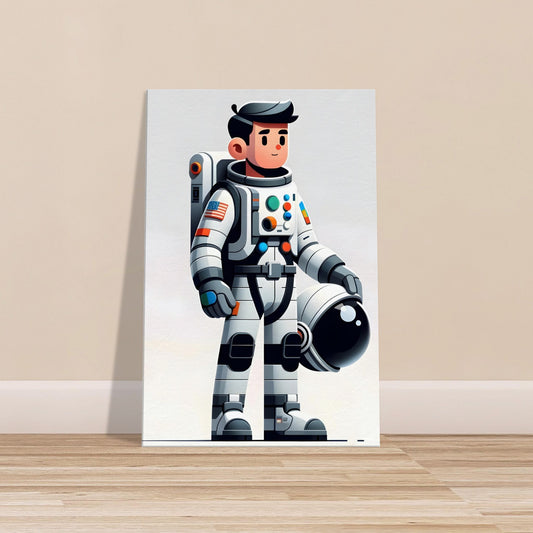 Cartoon-style astronaut Astro Alex in white and gray spacesuit holding helmet against a solid background.