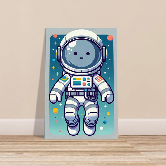 Minimalist cartoon astronaut named Astro Andy in modern spacesuit floating against a starry solid background.