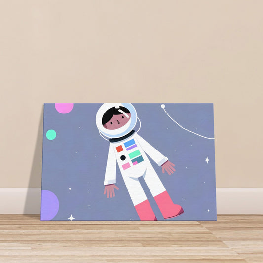 Cartoon-style female astronaut Astro Anna in white and pink spacesuit floating among stars on a cosmic background.