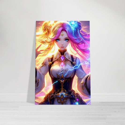 Anime elemental sorceress with multicolored hair and glowing robes, holding lightning-charged artifacts, surrounded by storm and cosmic energy.