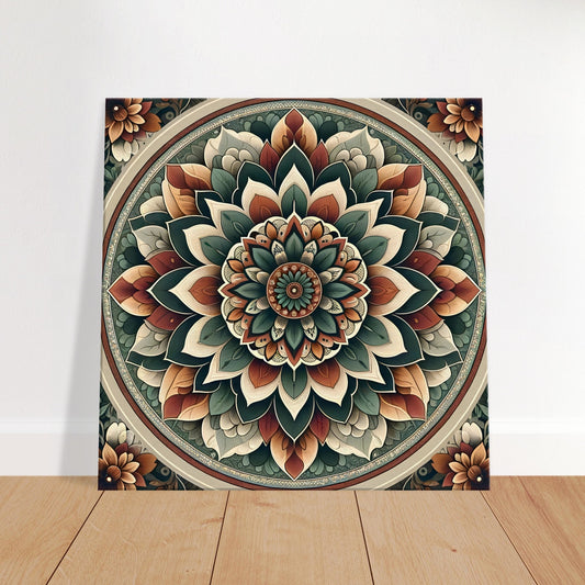 Mandala artwork featuring burnt orange, deep burgundy, and forest green accents on a soft gray background, inspired by autumn foliage.