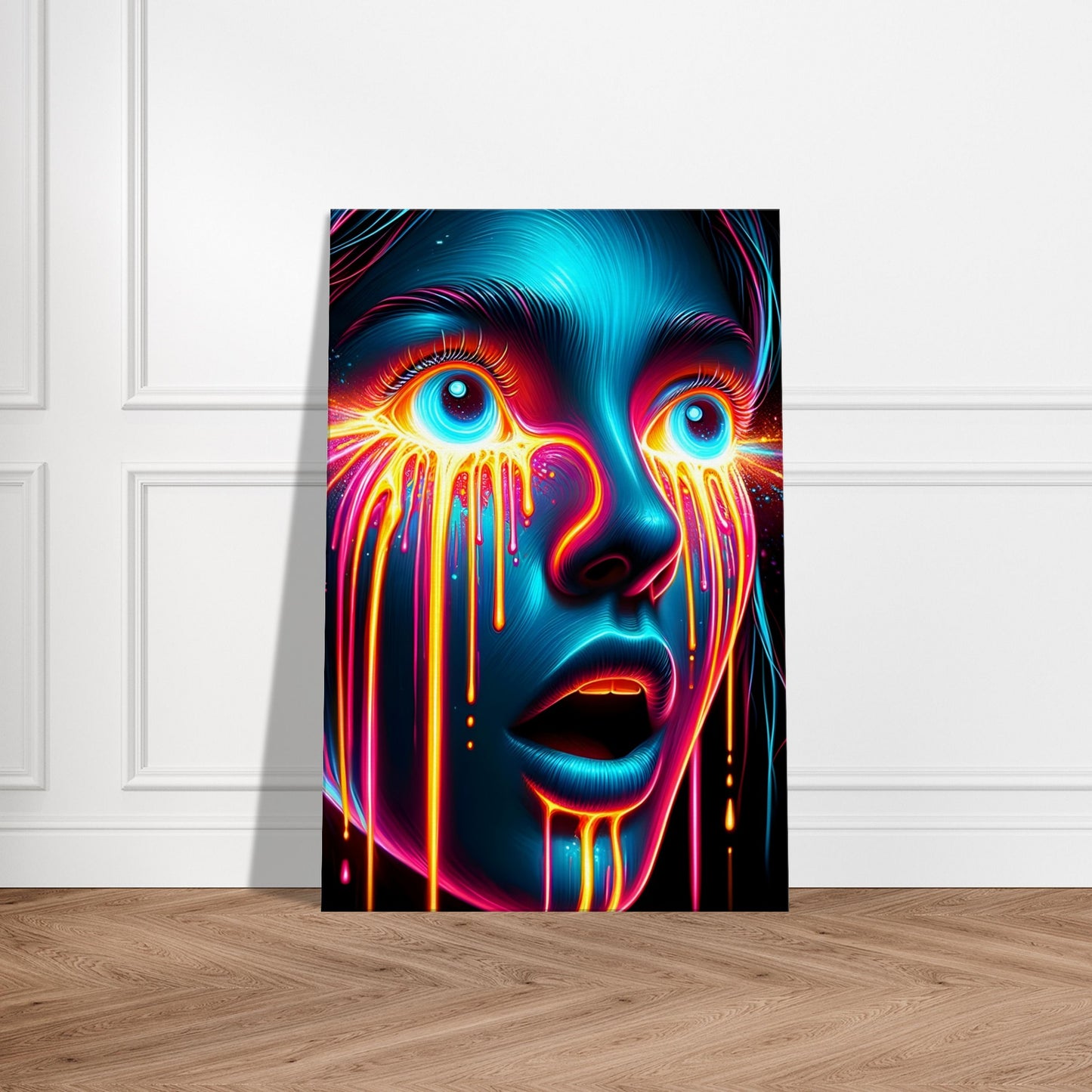 Portrait of a wide-eyed subject with an expression of wonder and glowing paint accents in a surreal, expressive style.