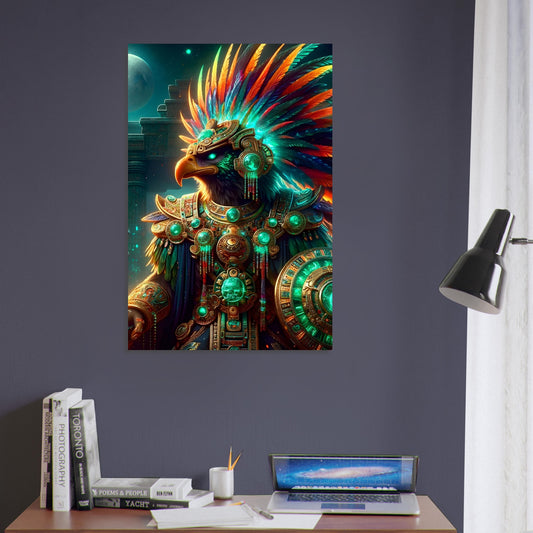 An Aztec Eagle Warrior in glowing emerald and orange feathered armor stands before a moonlit Aztec temple with a radiant headdress and shield.