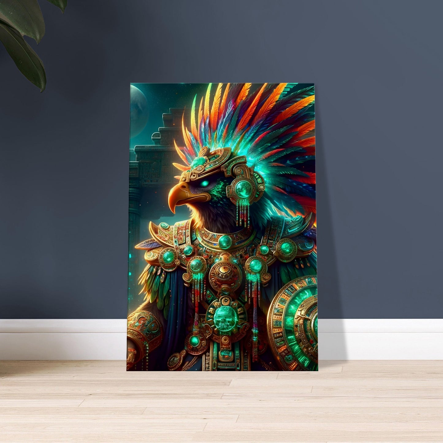 An Aztec Eagle Warrior in emerald and orange feathered armor with a glowing headdress and shield stands before a moonlit Aztec temple.
