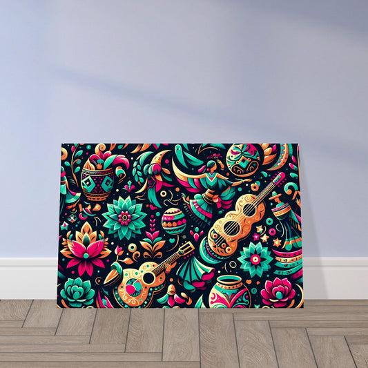 Colorful artwork of people dancing under a starlit sky at a lively Mexican fiesta.