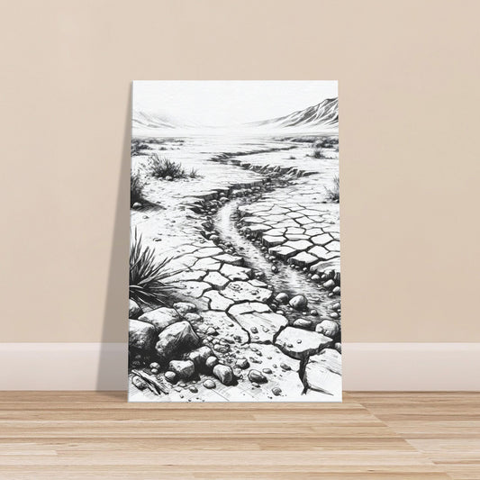 Black and white sketch of cracked desert floor with dry riverbed, sparse shrubs, and distant mountains.