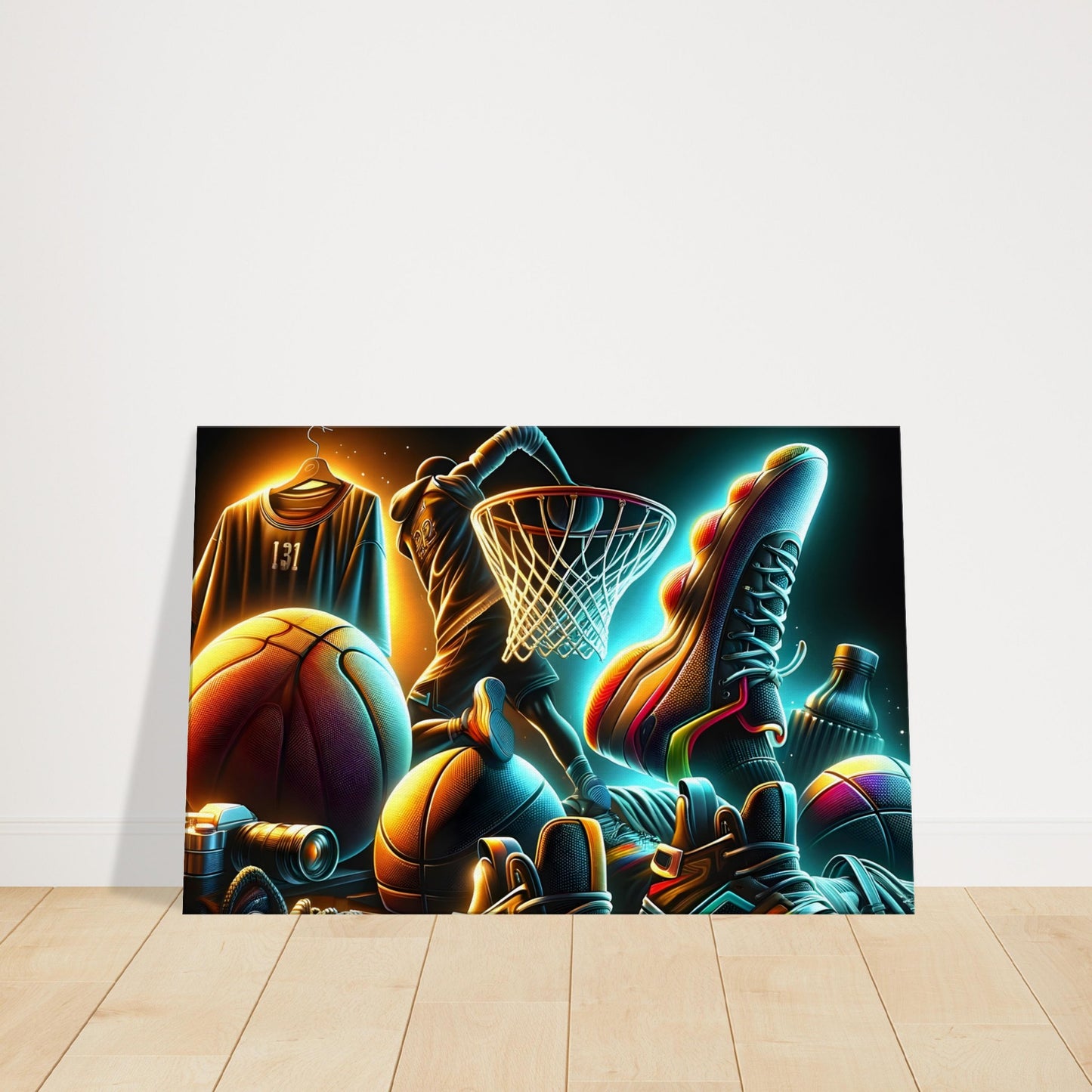 Basketball-themed artwork with gear including basketballs, sneakers, and jersey under neon lighting, celebrating sport and culture.
