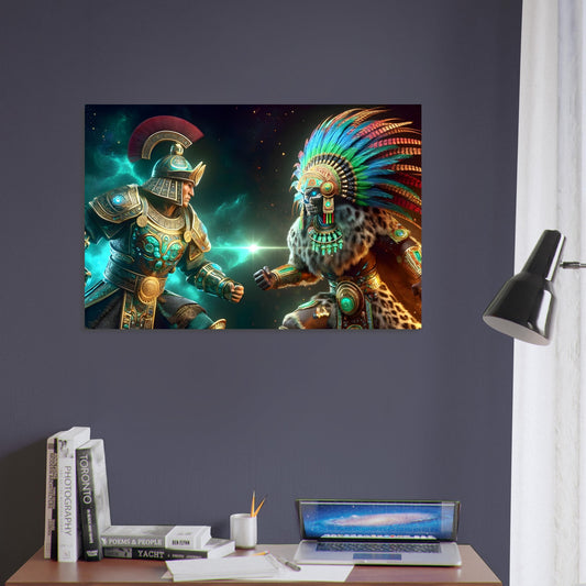 A Mongolian warrior and Aztec Jaguar Knight in glowing traditional armor confront each other on a dark, tense battlefield.