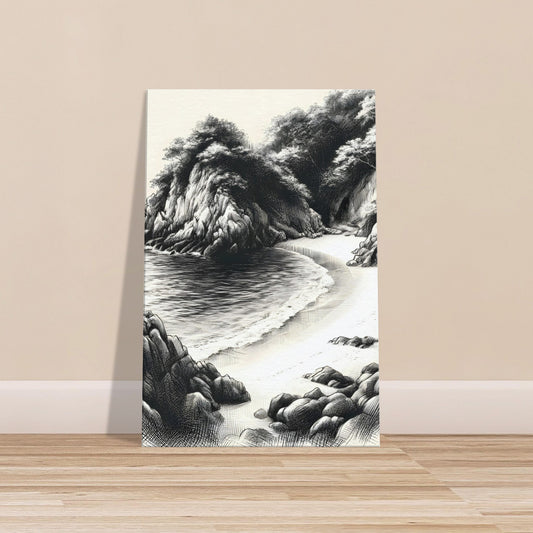 Beach Cove Sketch – Black and White Canvas Wall Art of Secluded Beach and Cliffs