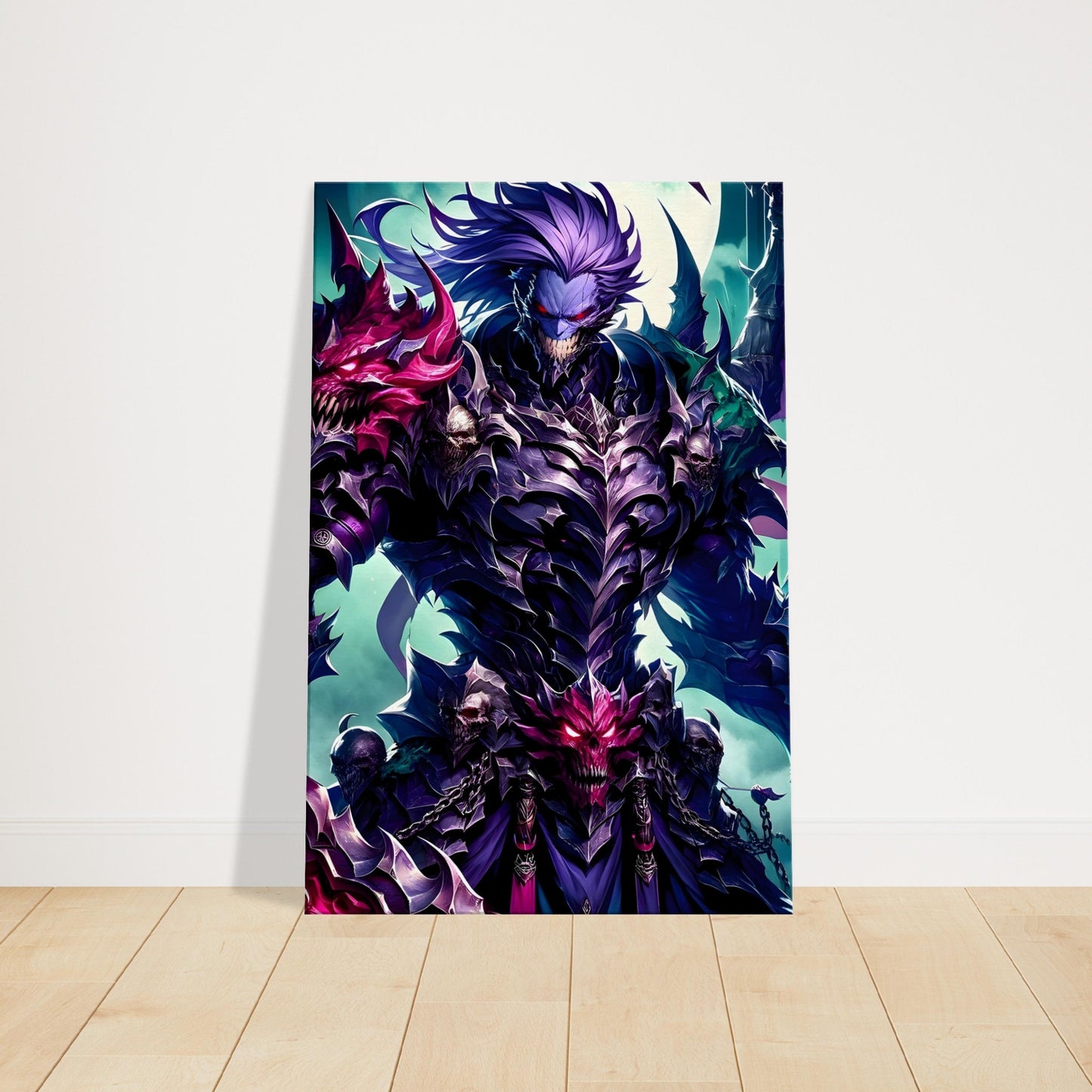 Fierce armored warrior wielding a deadly weapon, set in a dark, eerie fantasy landscape with glowing ambient shadows.