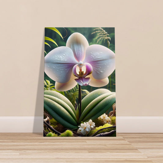 Orchid in full bloom with white and pink petals and morning dew, surrounded by lush green foliage