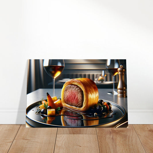 Canvas art depicting a golden beef Wellington with roasted vegetables and savory jus.