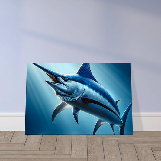 Hyper-realistic image of a Blue Marlin swimming powerfully through deep ocean waters with swirling currents.