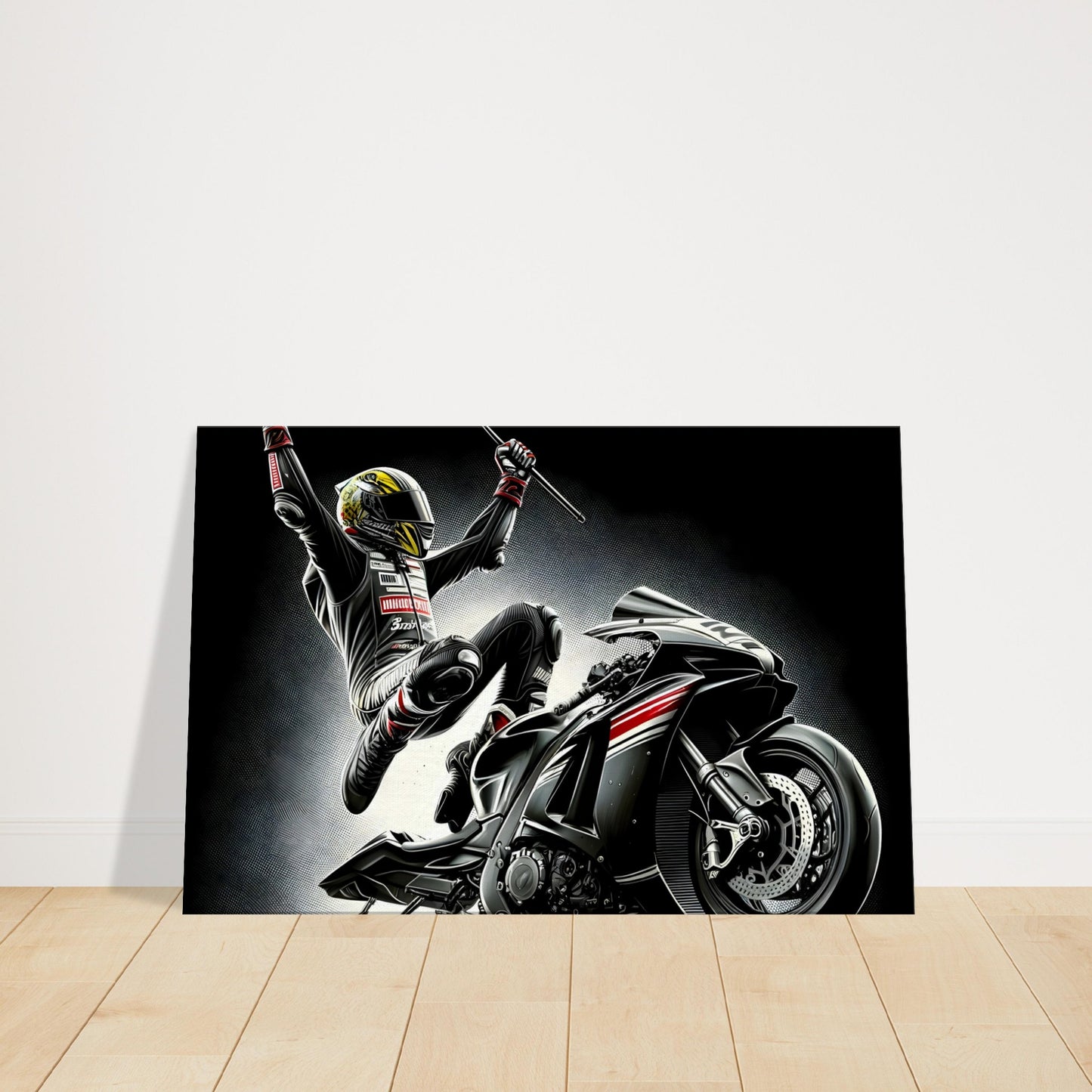 Motorcycle racer raising a hand in victory while riding at speed, with motion details emphasizing the thrill of the win.