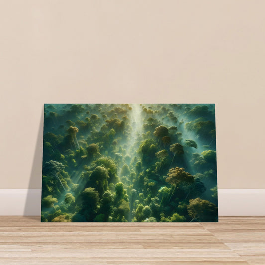Aerial view of tropical jungle canopy with mist and sunlight creating a serene forest landscape.