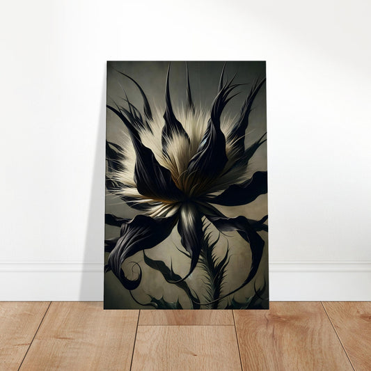 Artistic rendering of a Black Bat Flower with black petals and long whiskers, painted in a classic style against a soft, neutral background.