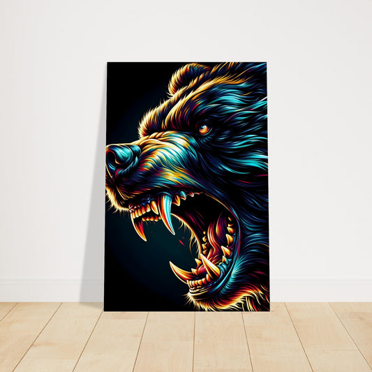 Pop art canvas of a black bear with intense gaze and swirling vibrant fur against a dark background.