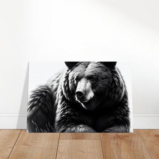 Pencil sketch of a black bear with textured fur and keen eyes against a forested wilderness background.