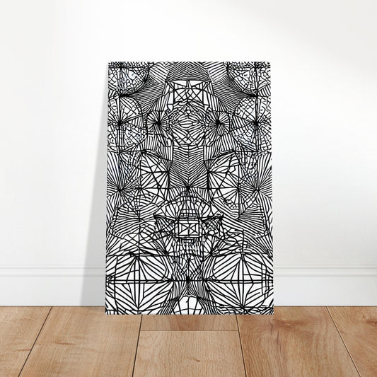 Black and white abstract art featuring interlocking curved geometric patterns in a seamless, flowing composition.