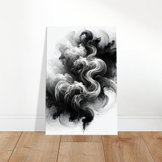 Abstract black and white artwork resembling flowing smoke, with soft curves and dreamy movement, perfect for modern or minimalist canvas wall decor.