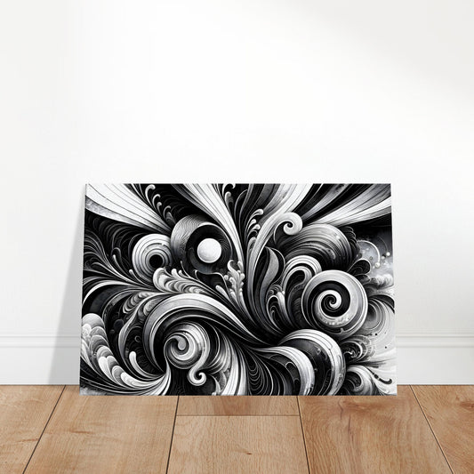 Abstract black and white artwork with swirling lines and intricate patterns, perfect for modern canvas wall art and monochrome interior decor.