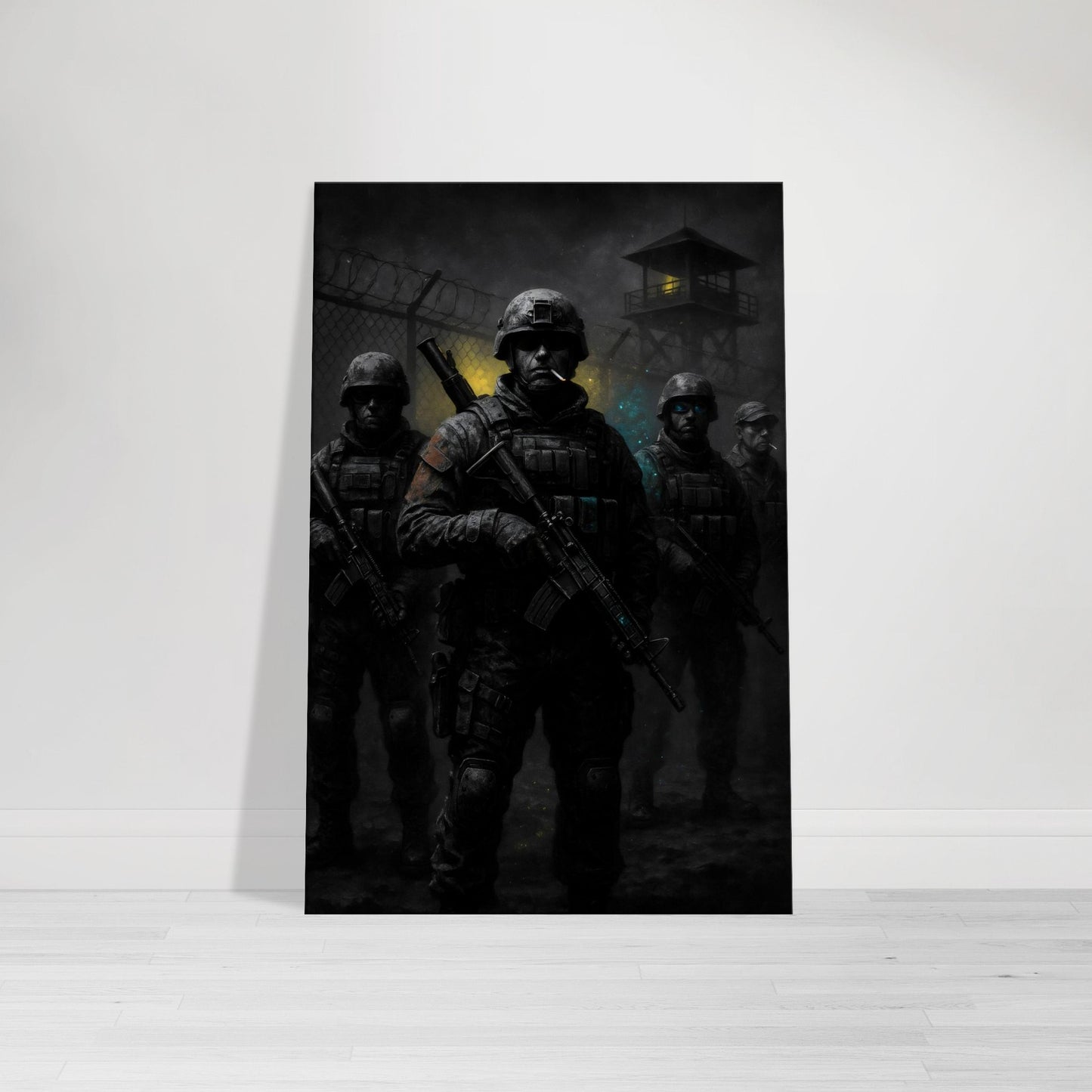 Dark, atmospheric military art of soldiers at a secret base with glowing accents and gritty detail. Tactical and cinematic from the Warfare Division collection.