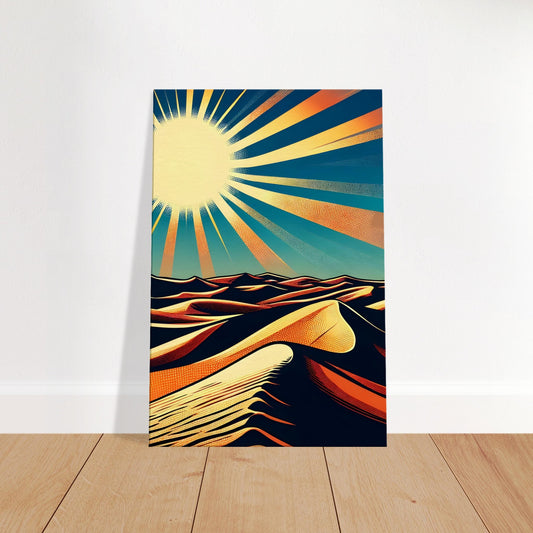 Pop art desert scene with blazing sun over glowing orange sand dunes, stylized sky and rhythmic dune textures.