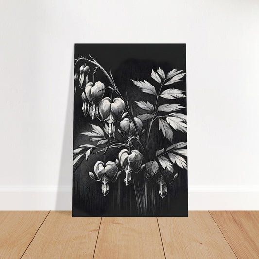 Minimalist bleeding heart flower sketch with delicate trailing stems and heart-shaped blooms on canvas